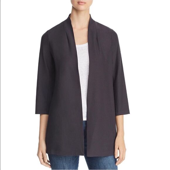 Eileen Fisher Graphite Open Front 3/4 Sleeve Stretch Crepe Cardigan XS - Picture 1 of 5